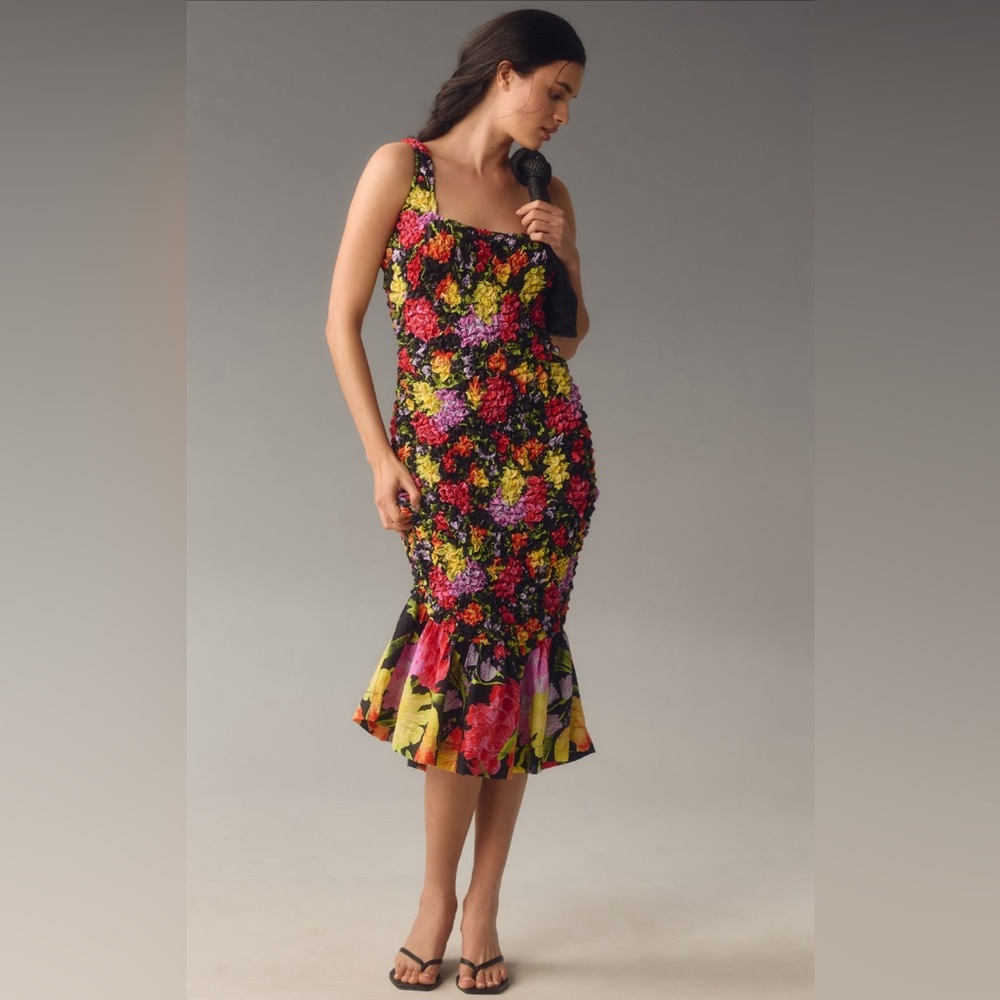 Anthropologie x Yukiko Noritake Floral Square-Neck Pebble-Smocked Dress L/XL